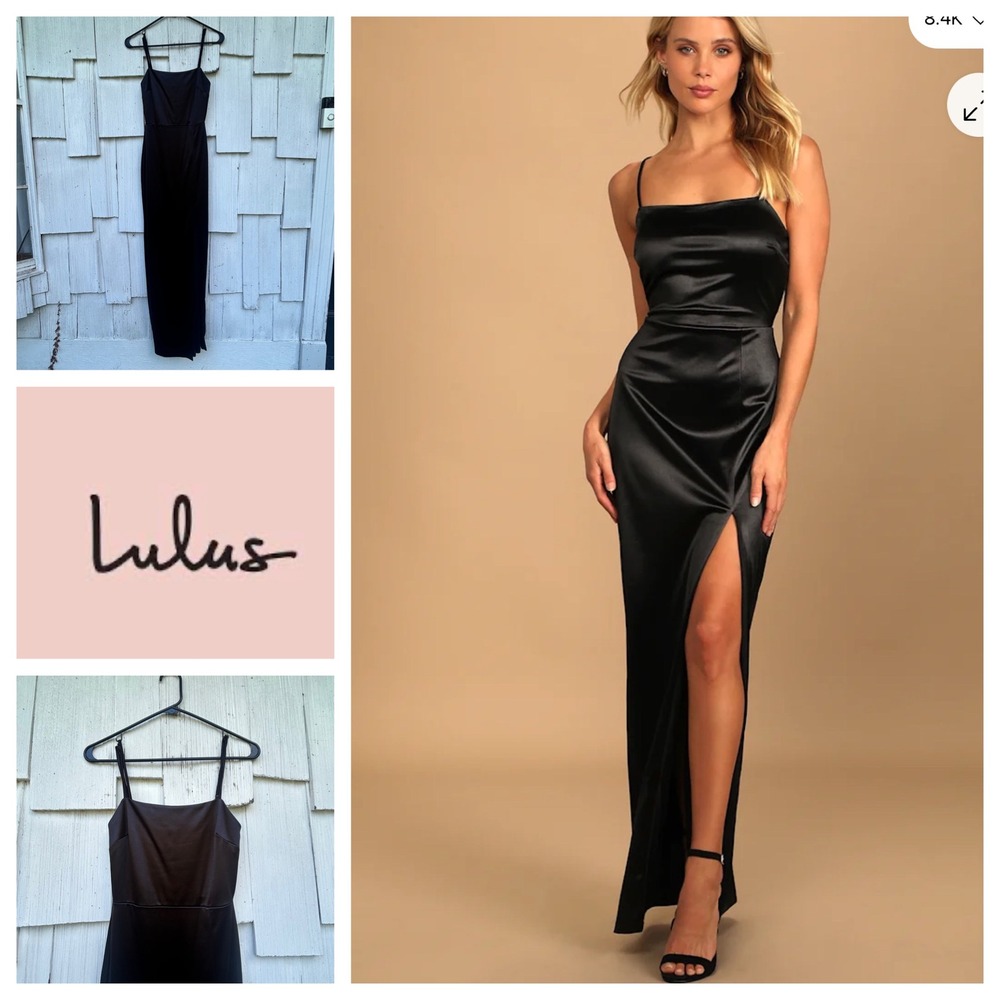 Lulus Meant to be Romanced Black Satin Column Maxi Dress Womens Size XS Slit